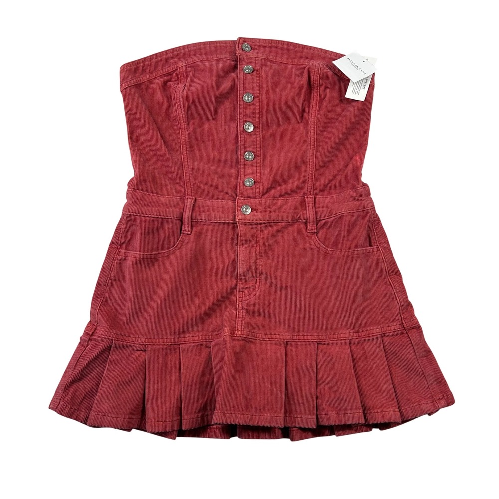 American Eagle Mini Skirt Size 8 Corduroy Strapless Burgundy Red Button Pleated